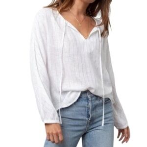 RAILS Finn Striped Linen Long Sleeve‎ Top in Rose Gold Metallic | White Blouse S
